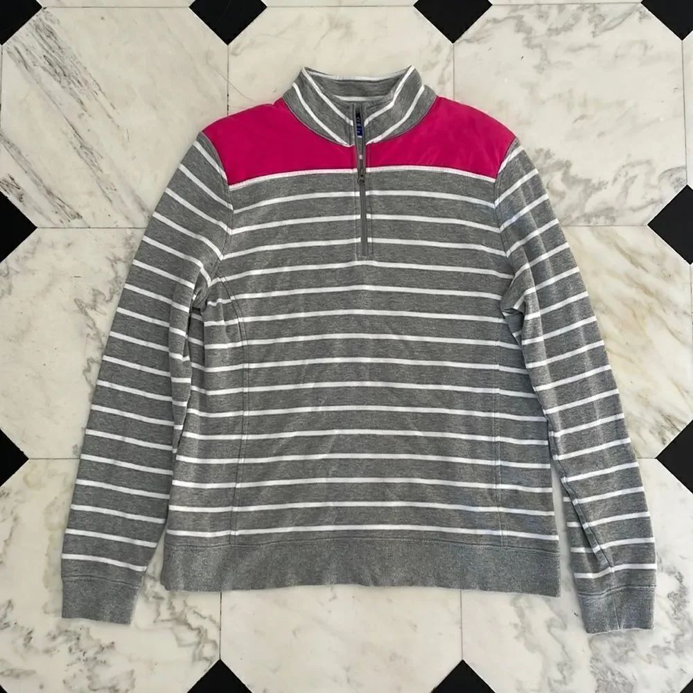 Le Tigre Vintage Gray & White Striped Quarter Zip Pullover with Pink Detailing